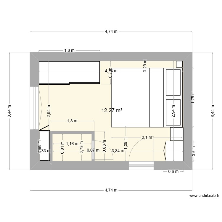 chambre rouillon. Plan de 1 pièce et 12 m2