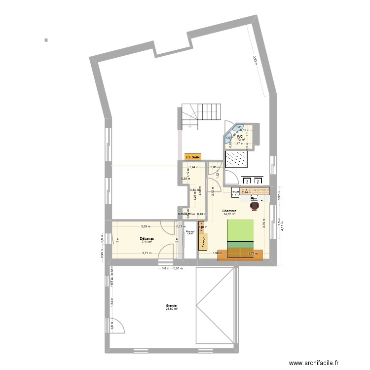 Etage. Plan de 6 pièces et 57 m2