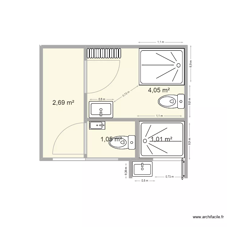 salles d'eau. Plan de 4  et 9 m²