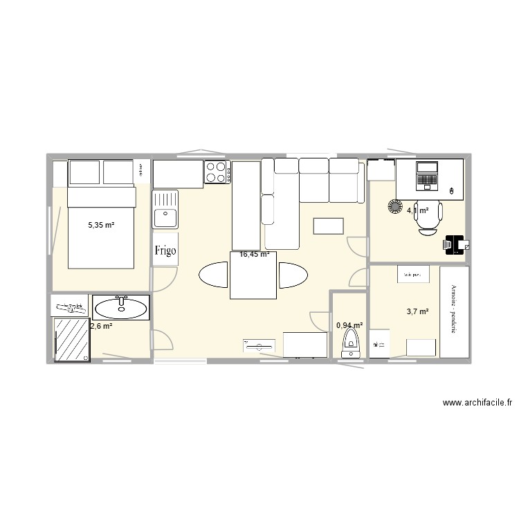 mobil home. Plan de 6 pièces et 33 m2