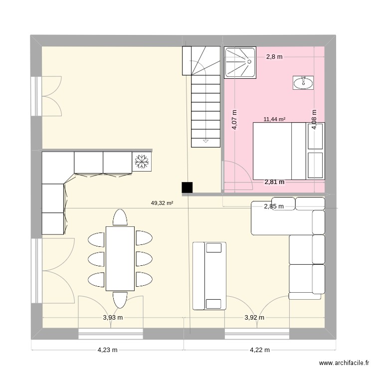 8x8. Plan de 2 pièces et 61 m2