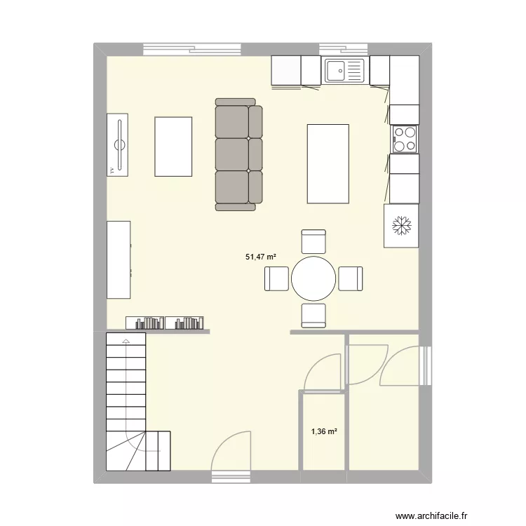 RDC. Plan de 2 Pièces et 53 m²