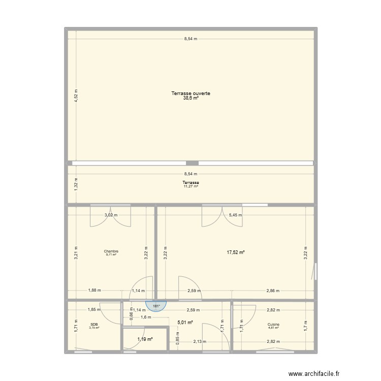Plan Origine avec quotes. Plan de 8 pièces et 91 m2
