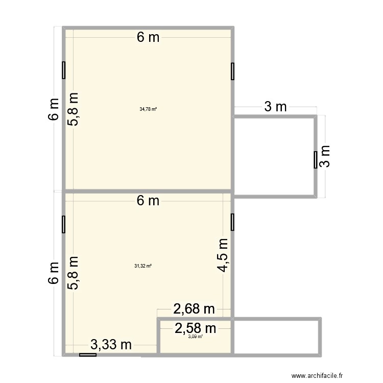 alg. Plan de 3 pièces et 69 m2