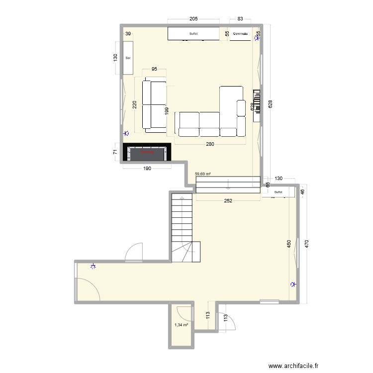 salon-séjour2. Plan de 2 pièces et 61 m2
