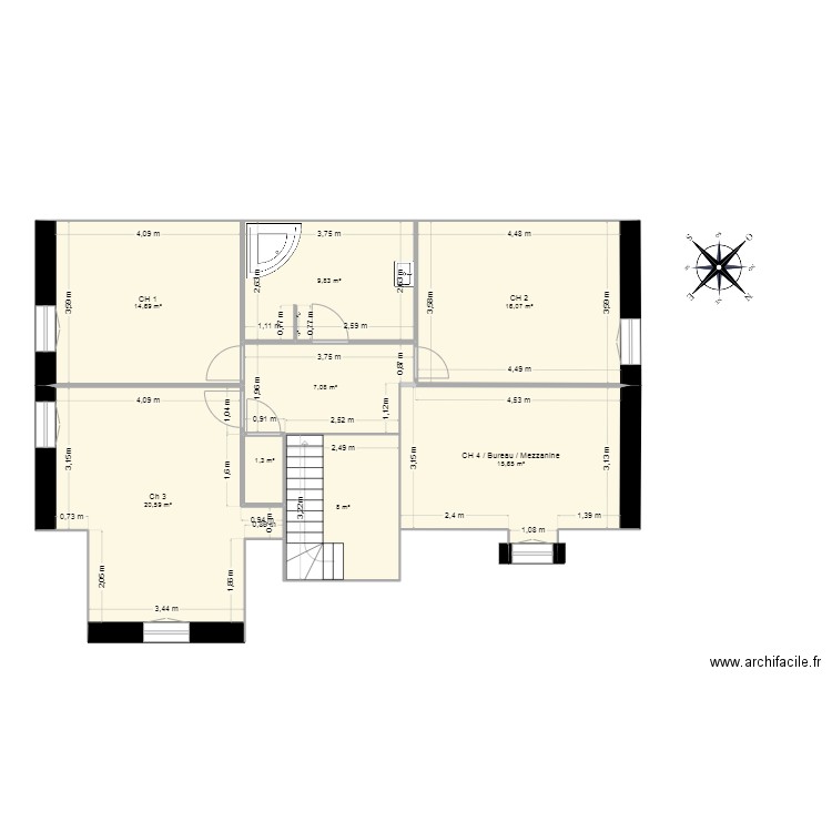 Plan étage 2. Plan de 8 pièces et 93 m2