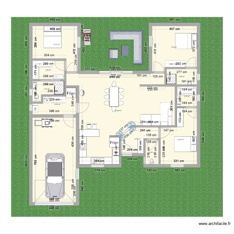 1: 128m2 avec 3 chambres+ 30 m2 garage . Plan de 