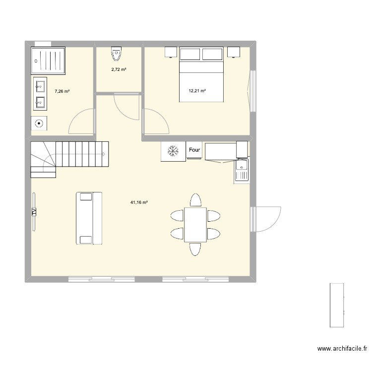 RDC. Plan de 4 pièces et 63 m2