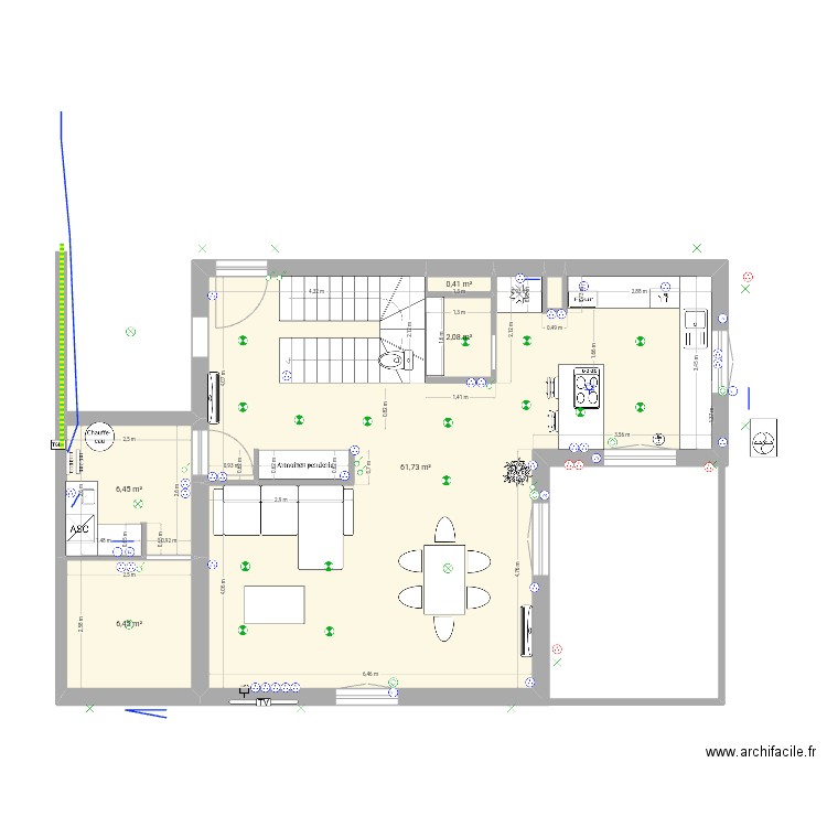 RDC 2. Plan de 6 pièces et 77 m2