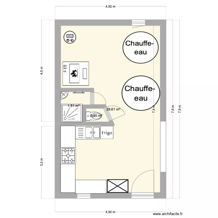 SDB & cuisine communes 3. Plan de 3  et 32 m²