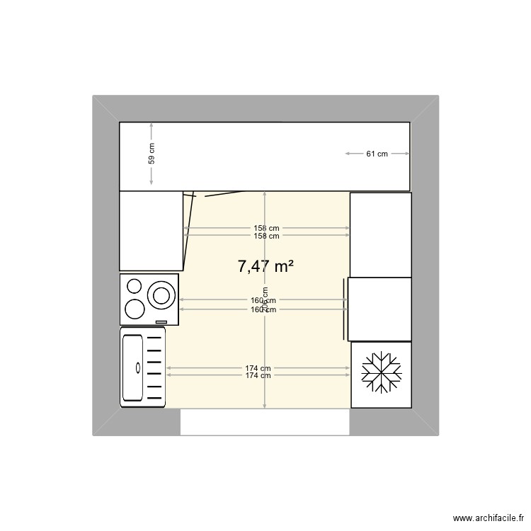Cuisine Muriel . Plan de 1 pièce et 7 m2