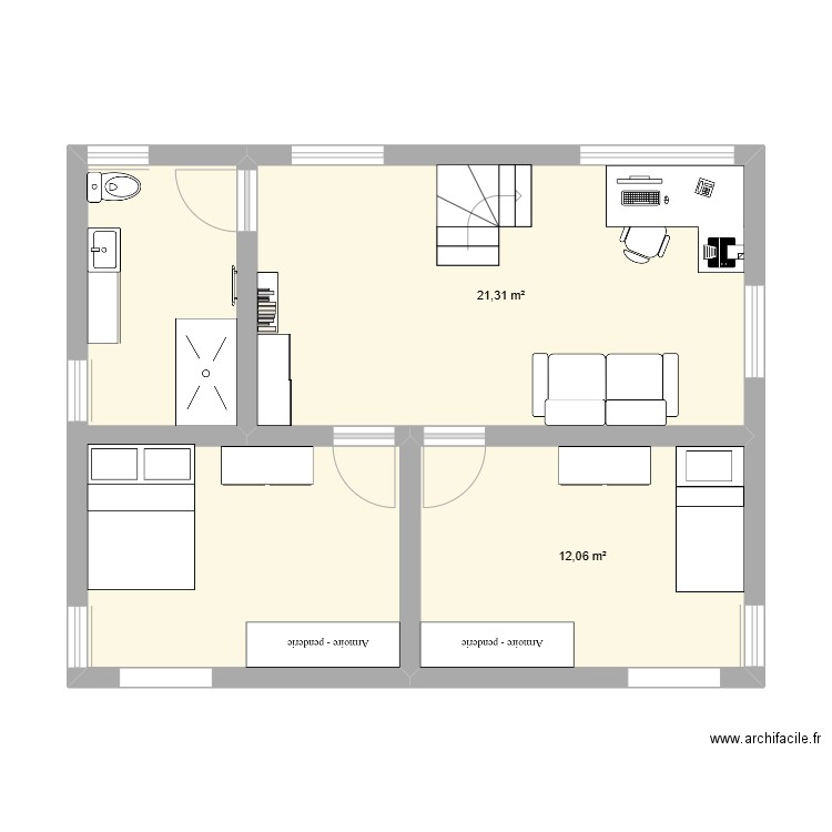 2ème étage maison VSP. Plan de 3 pièces et 52 m2