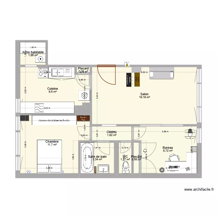 1 rhd. Plan de 11  et 58 m²