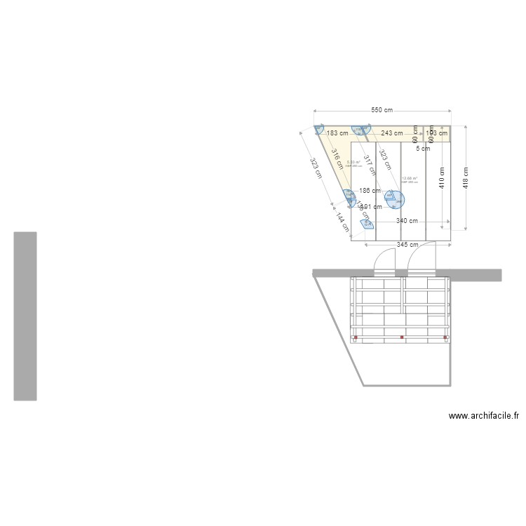 terasse pergola. Plan de 2 pièces et 18 m2