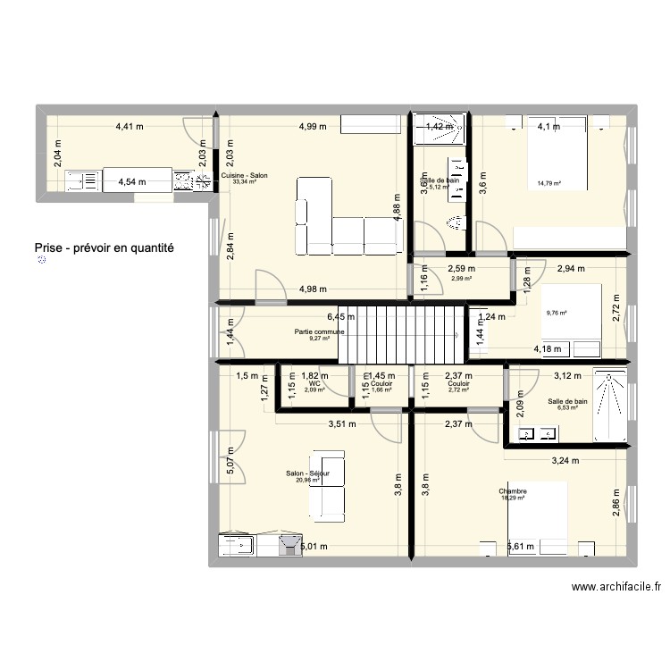 immeuble  1 er étage. Plan de 12 pièces et 128 m2
