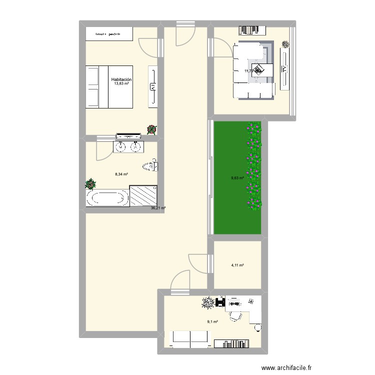 Frances. Plan de 7 pièces et 93 m2