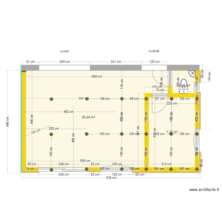 Projet Baton V5 vue pieux pilotis. Plan de 3 pièces et 35 m2