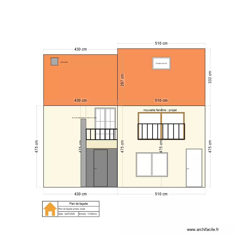 Plan de fa&ccedil;ade arri&egrave;re : projet avec fen&ecirc;tre. Plan de 