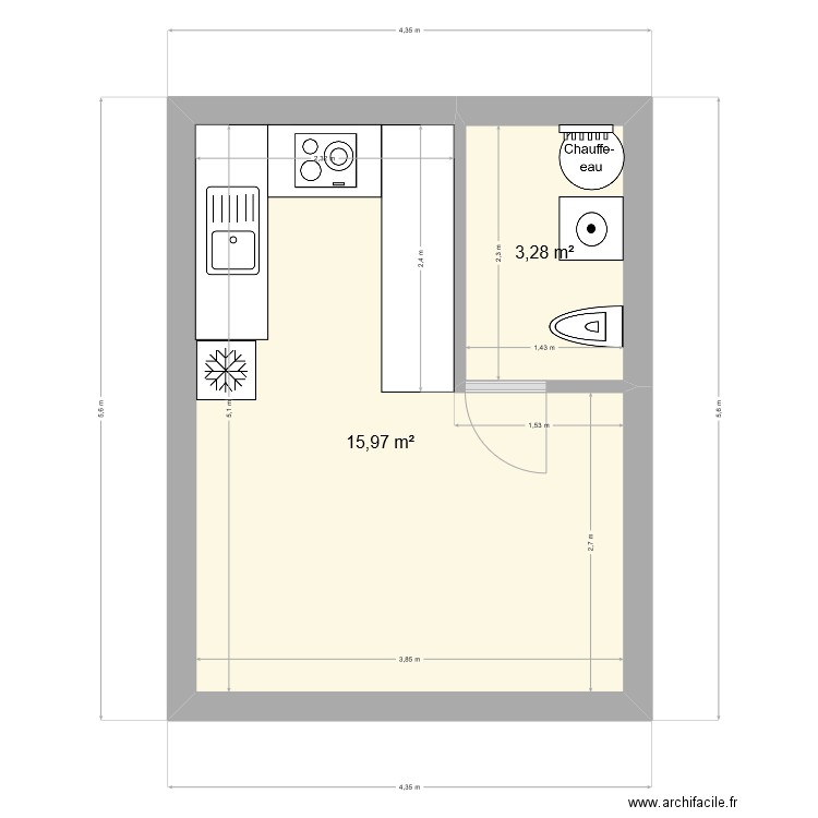 cuisine +buanderie. Plan de 2 pièces et 19 m2
