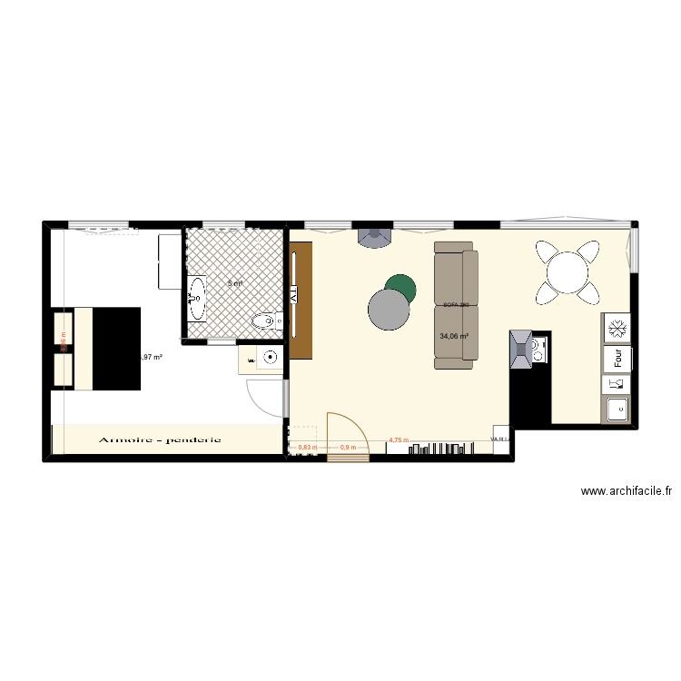 cas. Plan de 3 pièces et 58 m2