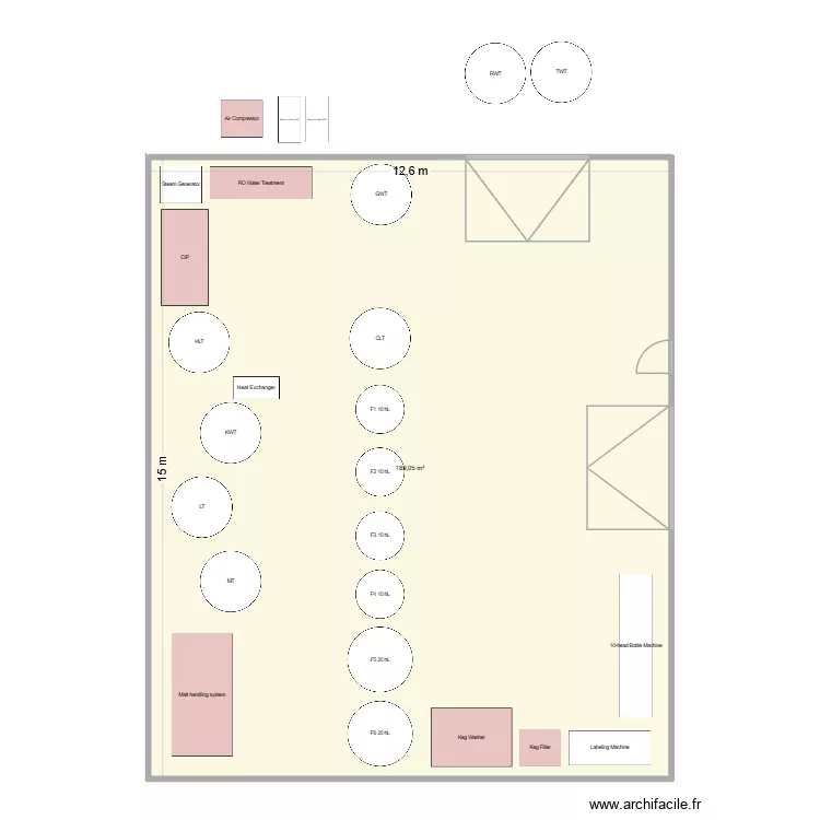 Brasserie. Plan de 1  et 189 m²