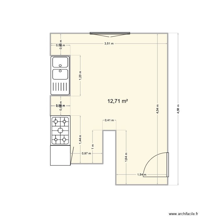 cuisine. Plan de 1 pièce et 13 m2