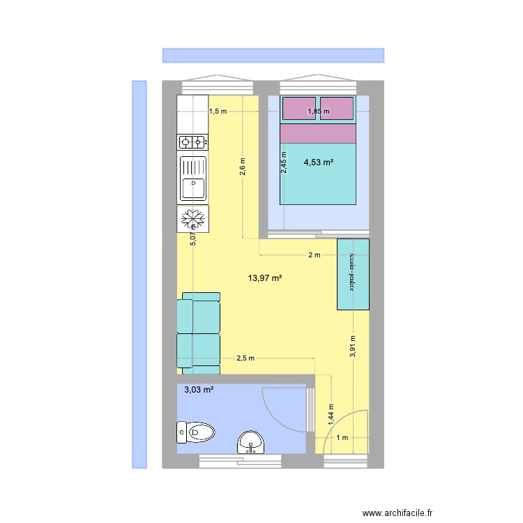 02 kos. Plan de 3 pièces et 21 m2