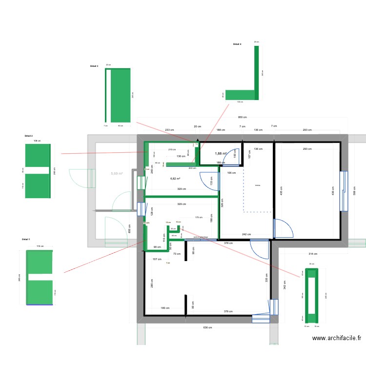 placo + détails. Plan de 8 pièces et 155 m2
