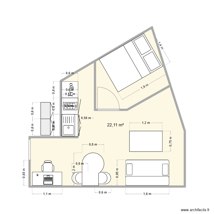 clairevannes3. Plan de 1 pièce et 22 m2