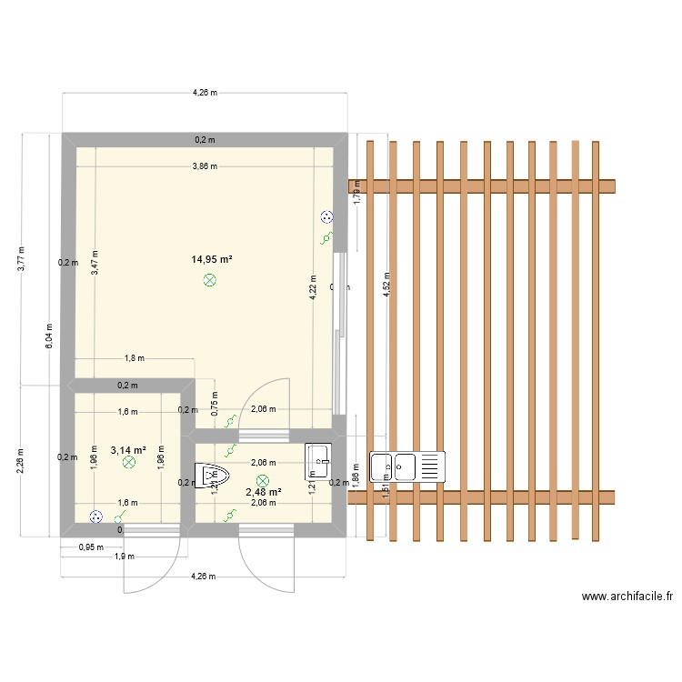 local technique définitif avec pergola. Plan de 3 pièces et 21 m2