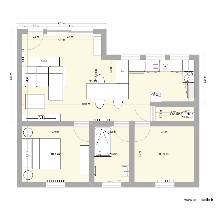 Nteste. Plan de 5 pièces et 57 m2