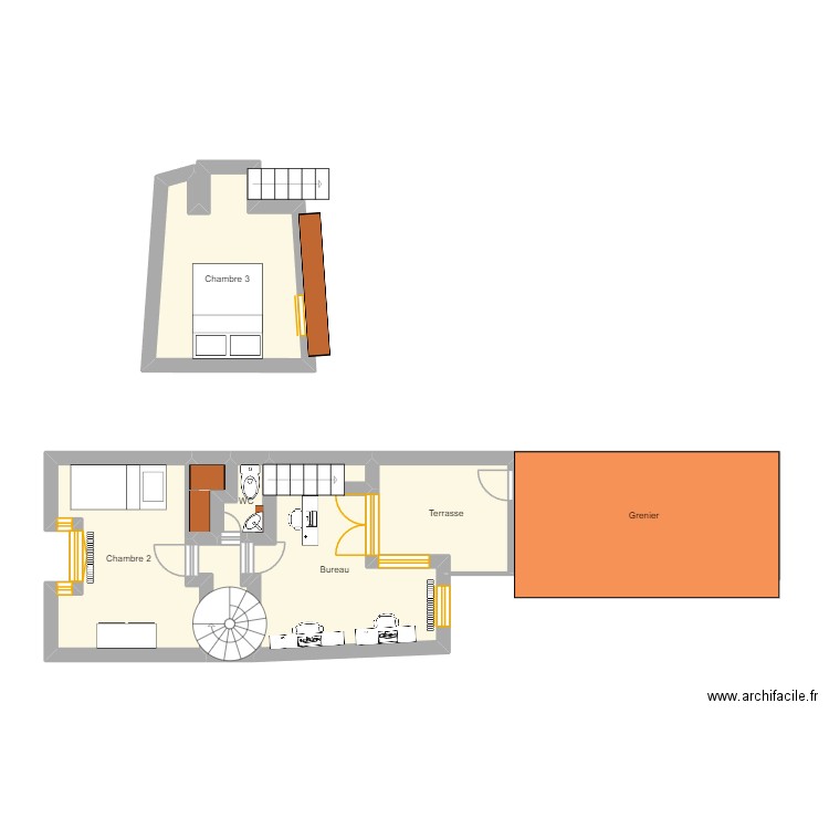 La Colication étage 1. Plan de 8 pièces et 44 m2