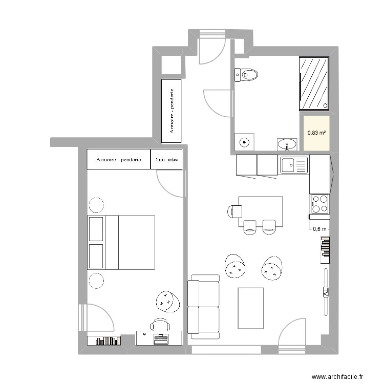 sarah. Plan de 1 pièce et 1 m2