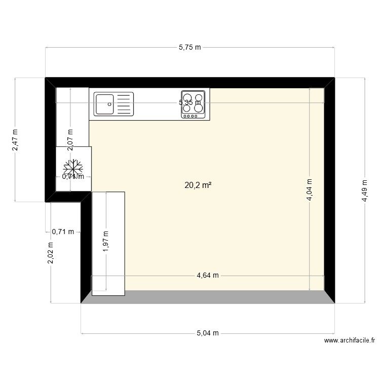 cuisine. Plan de 1 pièce et 20 m2