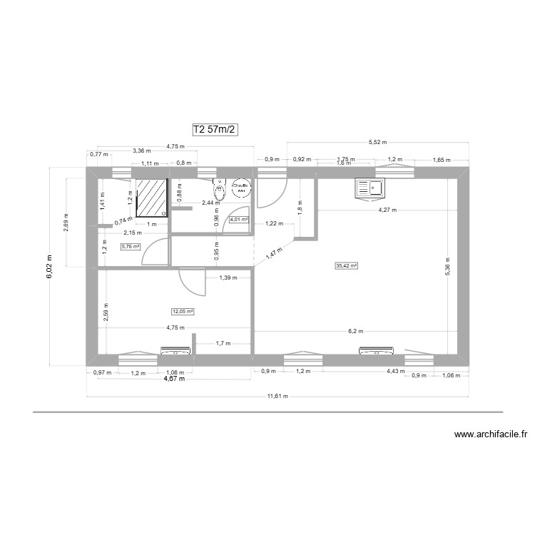 T2 long plan coté. Plan de 0 pièce et 0 m2 T2 long plan coté. Plan de 0 pièce et 0 m2
