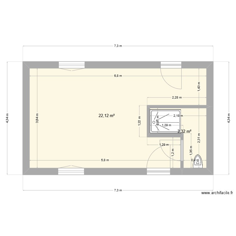 Les Layes - studio. Plan de 2 pièces et 25 m2