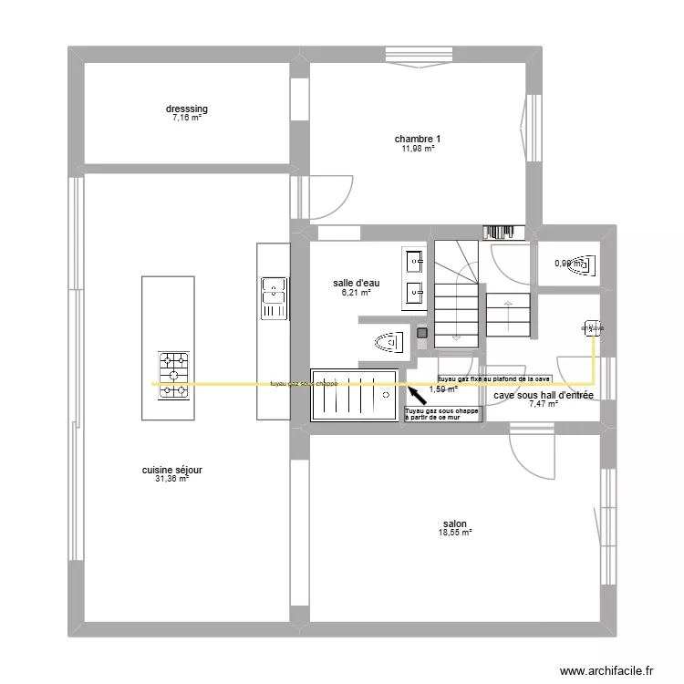 r&eacute;ception gaz. Plan de 9  et 85 m²