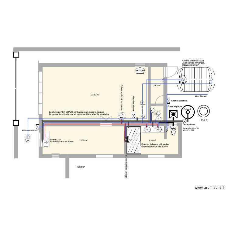 Maison Diégo. Plomberie.. Plan de 5 pièces et 60 m2