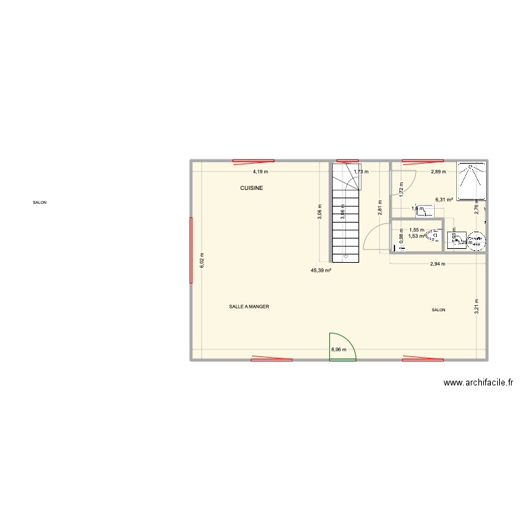 Plan Maison ouverte. Plan de 3 pièces et 53 m2
