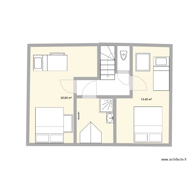 gite 1 étage. Plan de 2 pièces et 34 m2