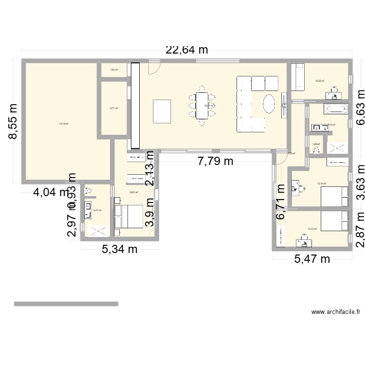 maison  plain pied v5. Plan de 12 pièces et 188 m2