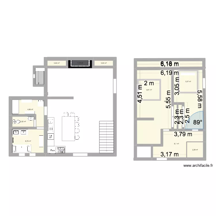 etage. Plan de 14  et 73 m²