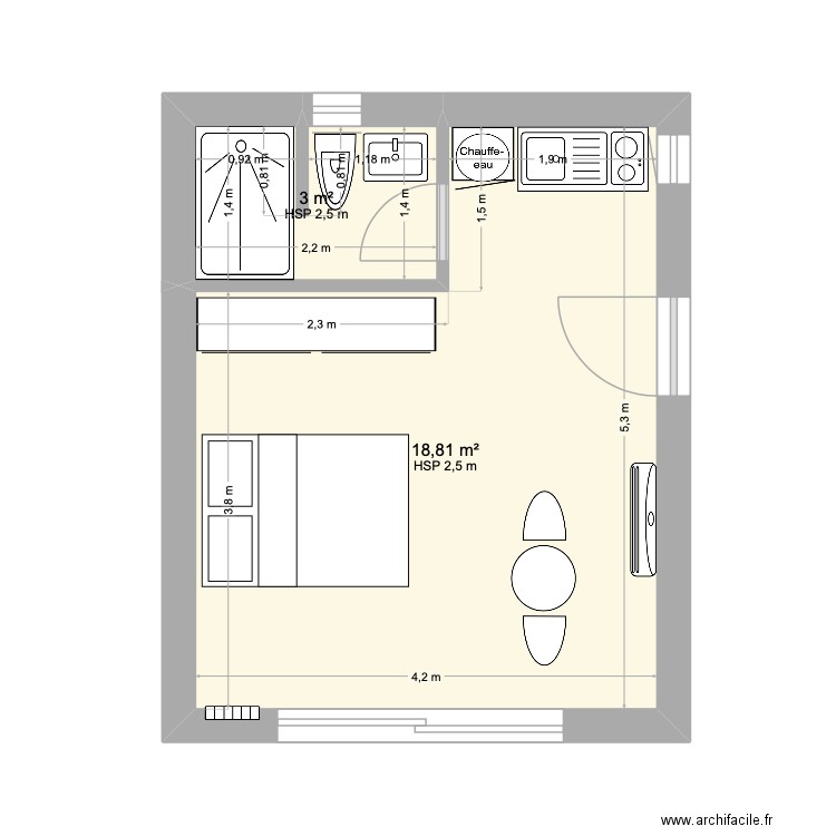 projet 3. Plan de 2 pièces et 22 m2