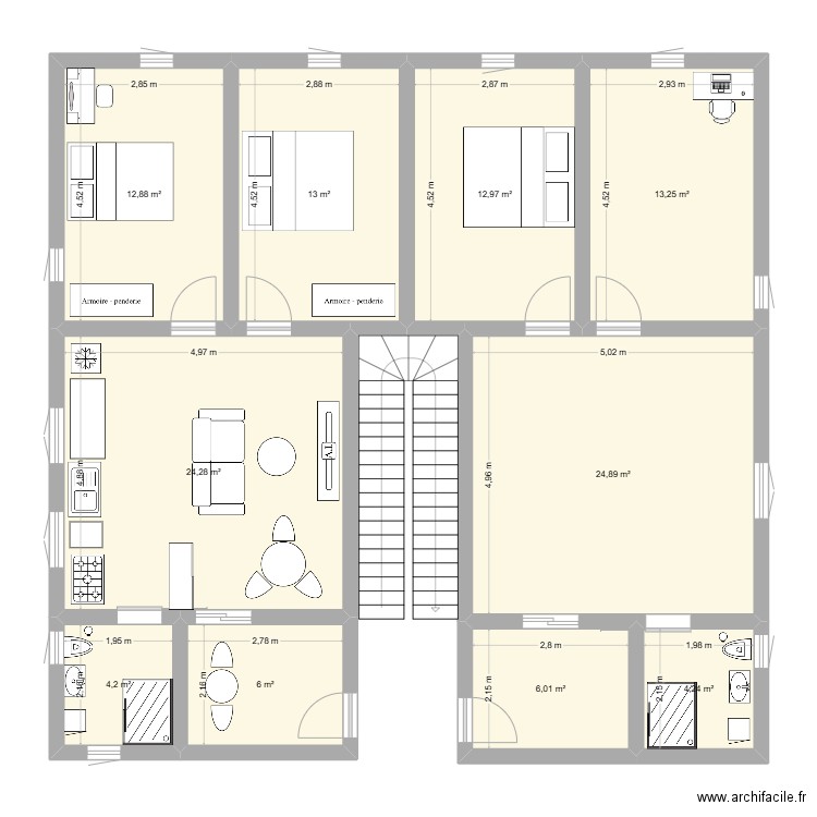 1er et 2ième étage. Plan de 10 pièces et 122 m2