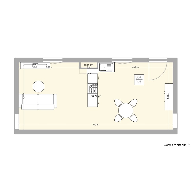 PIECE DE VIE GD APPT. Plan de 2 pièces et 37 m2