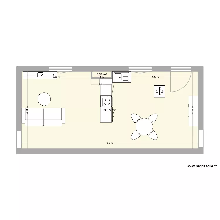 PIECE DE VIE GD APPT. Plan de 2  et 37 m²