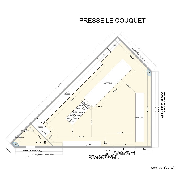 presse 3. Plan de 1 pièce et 75 m2
