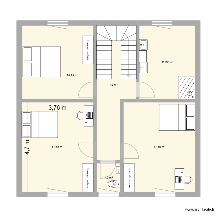 Etage. Plan de 6 pièces et 75 m2