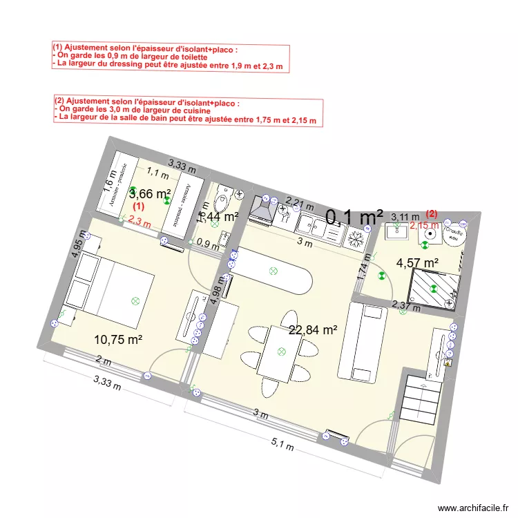 Appartement 17D v2. Plan de 7  et 45 m²