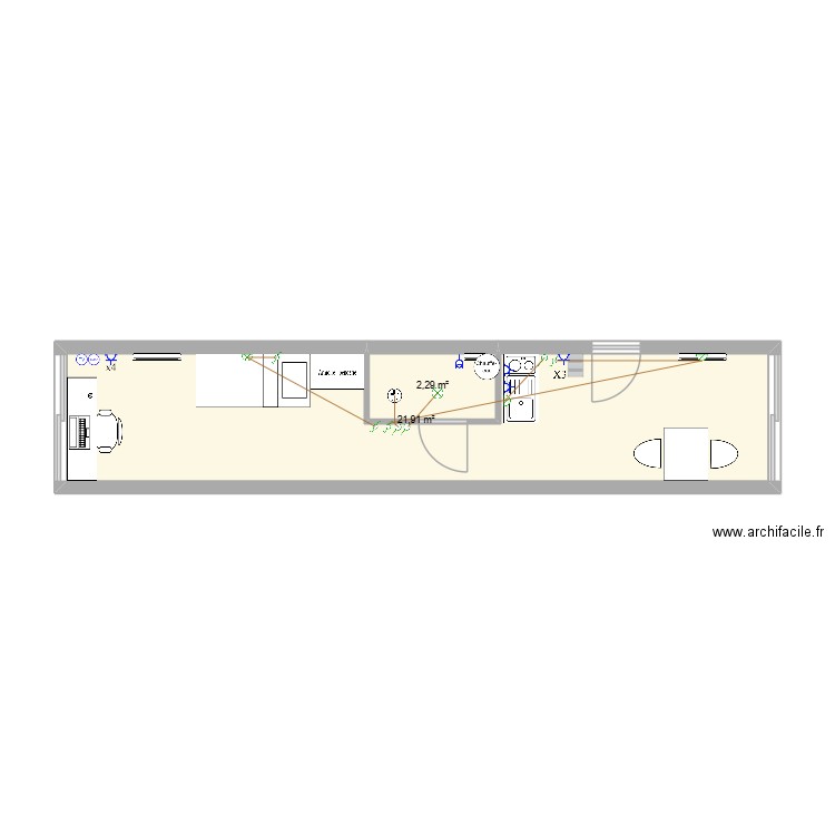 conteneur. Plan de 2 pièces et 24 m2